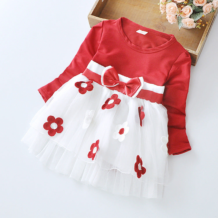 Long Sleeve Flower Bow Dress